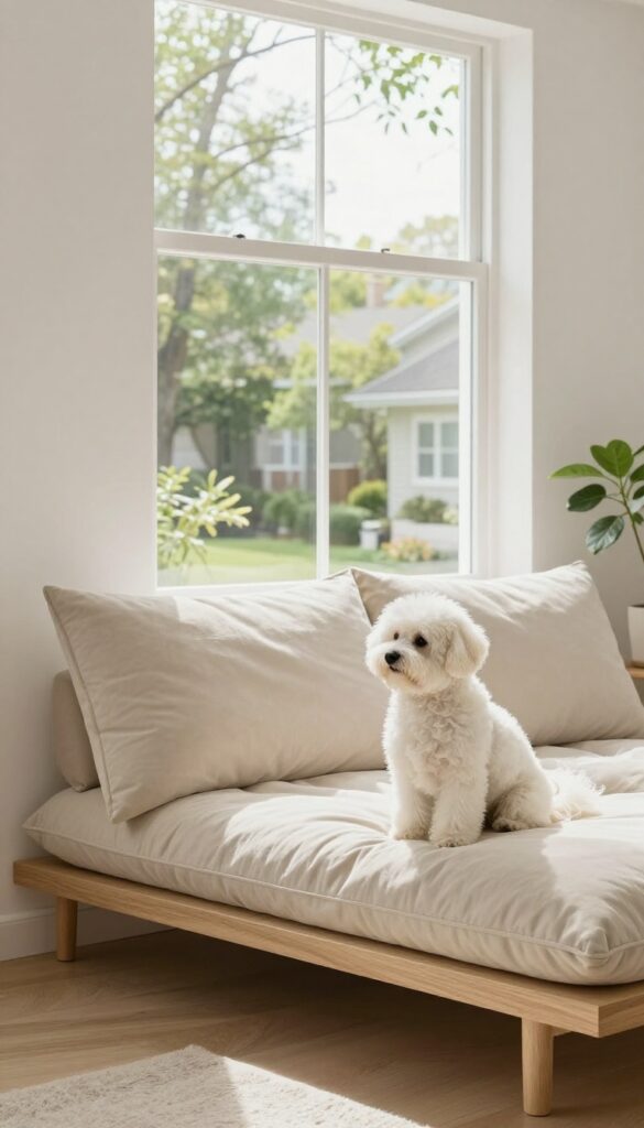 Cozy window perch with cushion for dog, modern living room decor