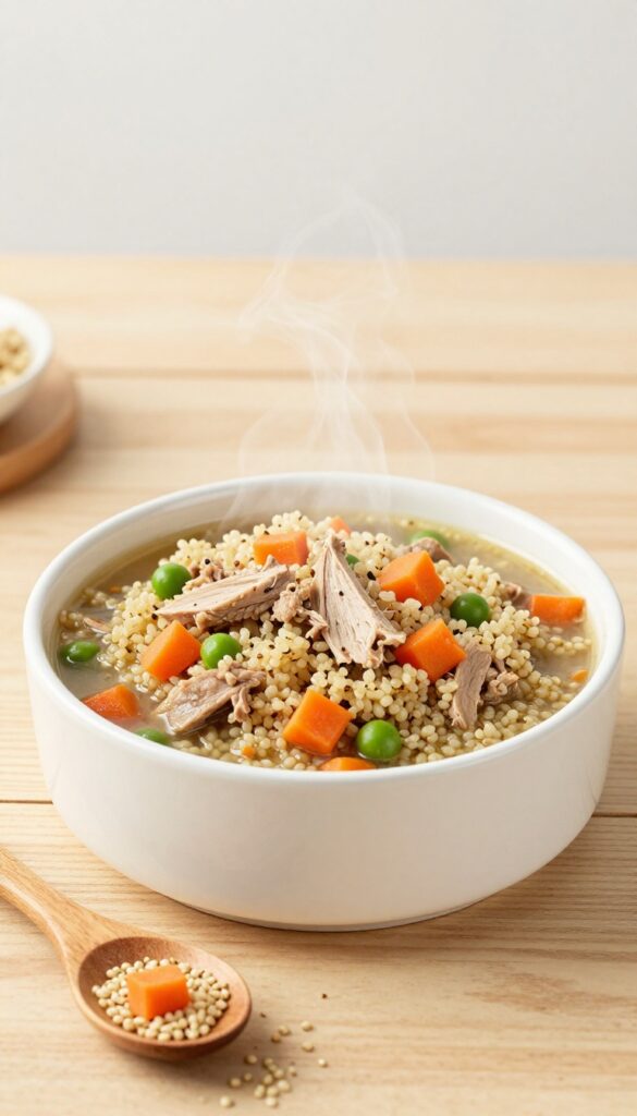 A dog bowl filled with quinoa and turkey stew with carrots and peas, steam rising, on a wooden table.