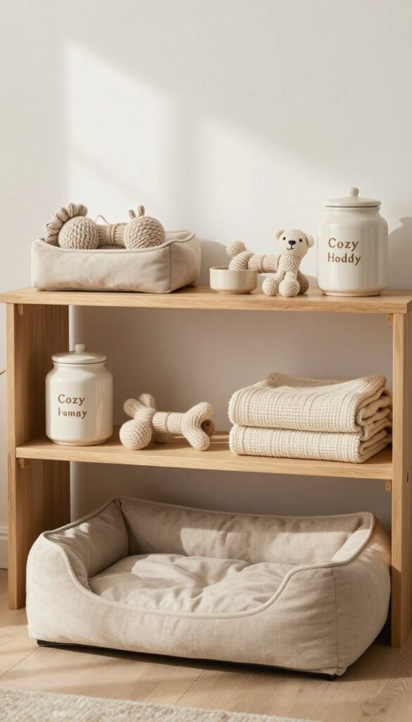 A curated dog boutique display with a cozy homebody theme featuring matching bed, toys, and accessories in neutral colors.
