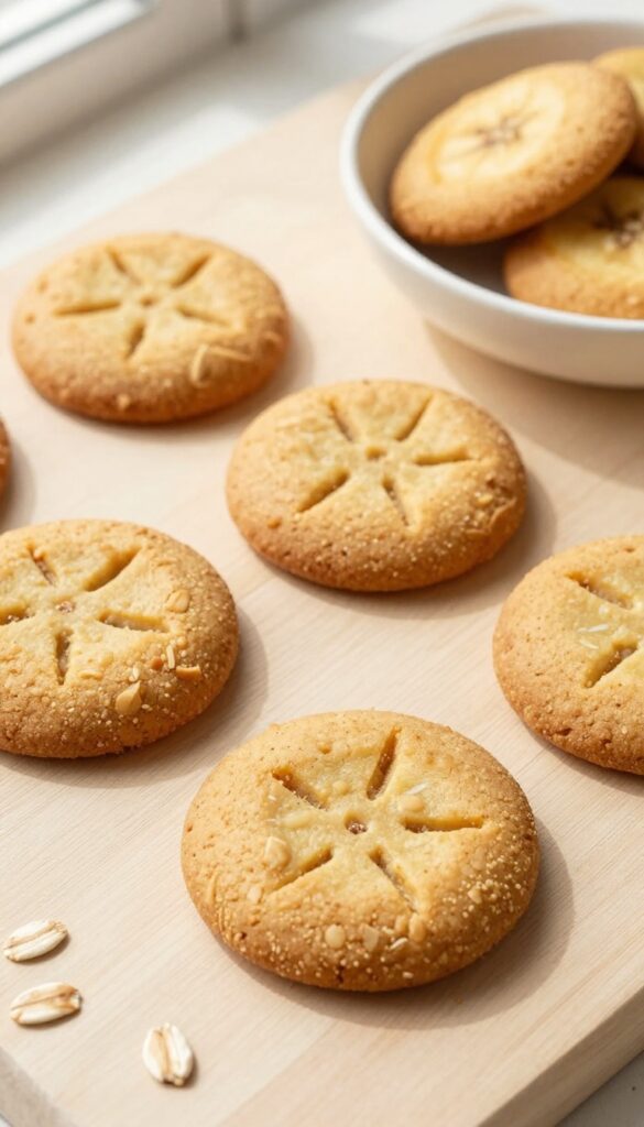 Homemade soft peanut butter and banana dog cookies on a wooden surface, perfect for gentle chewing.