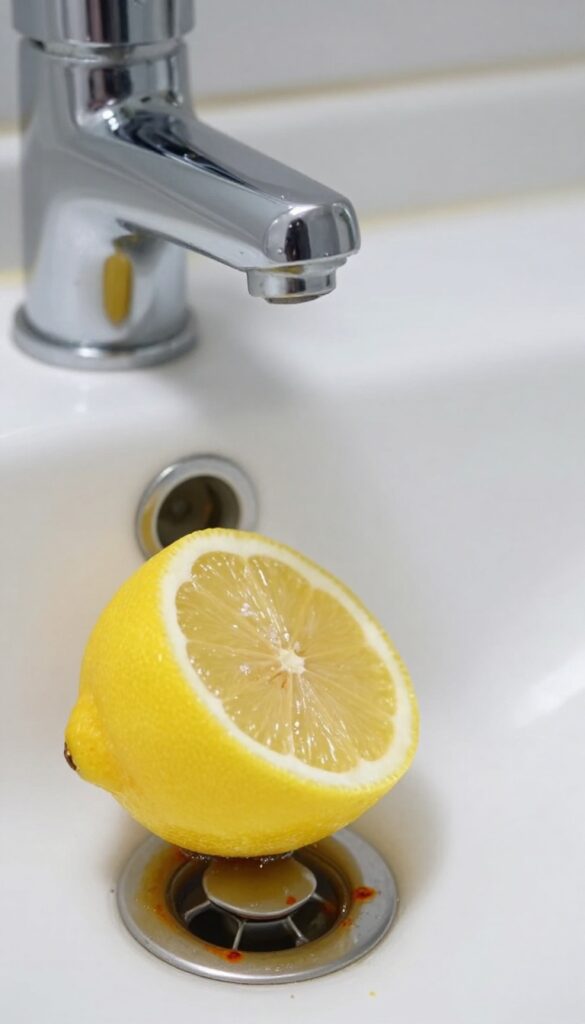 A lemon half dipped in salt being rubbed on a rust stain around a bathroom sink drain.