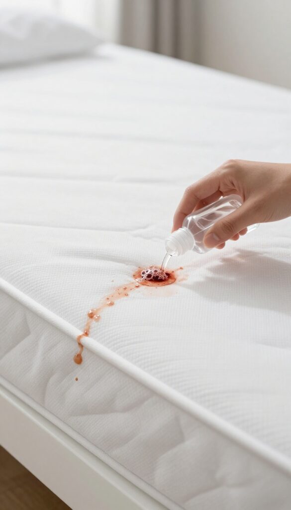 Hydrogen peroxide fizzing on a blood stain on a white mattress, natural light, clean bedding nearby
