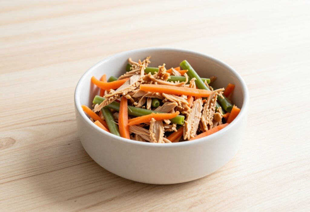 Homemade dog lunch bowl with chicken, carrots, and green beans for small portions.