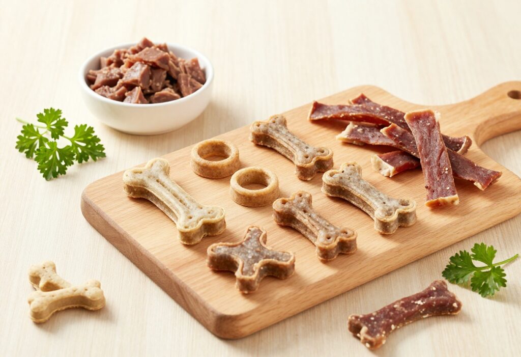 Homemade rabbit dog treats on a cutting board with rabbit meat and parsley.