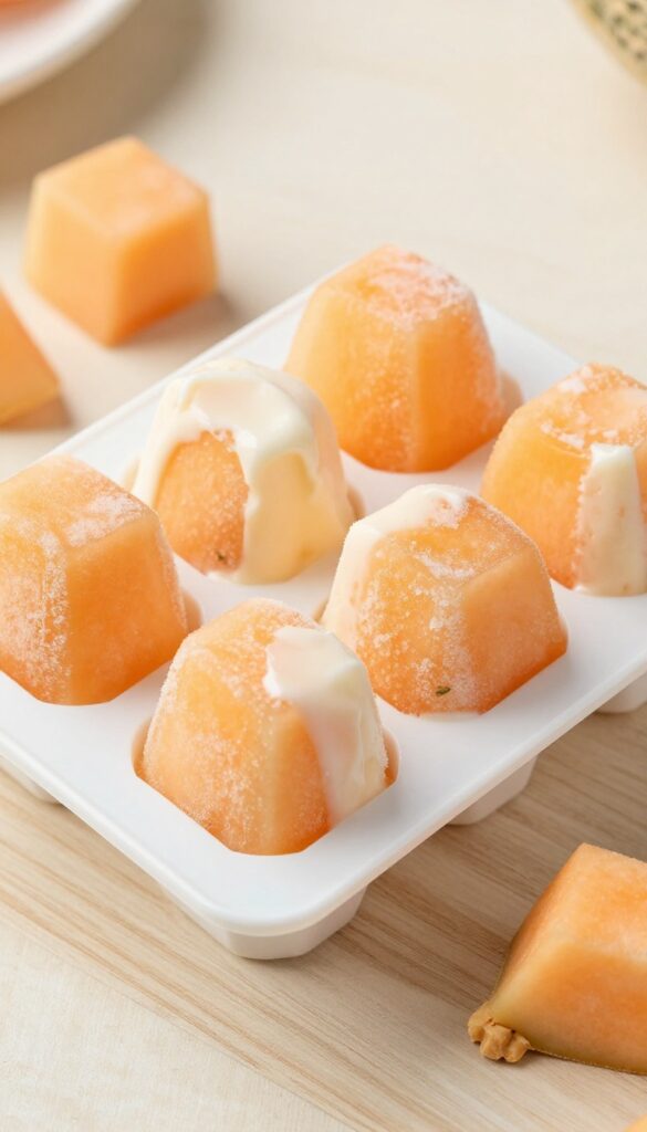 Frozen cantaloupe yogurt bites in a silicone mold, homemade dog treats, bright natural light, photorealistic pet food photography.