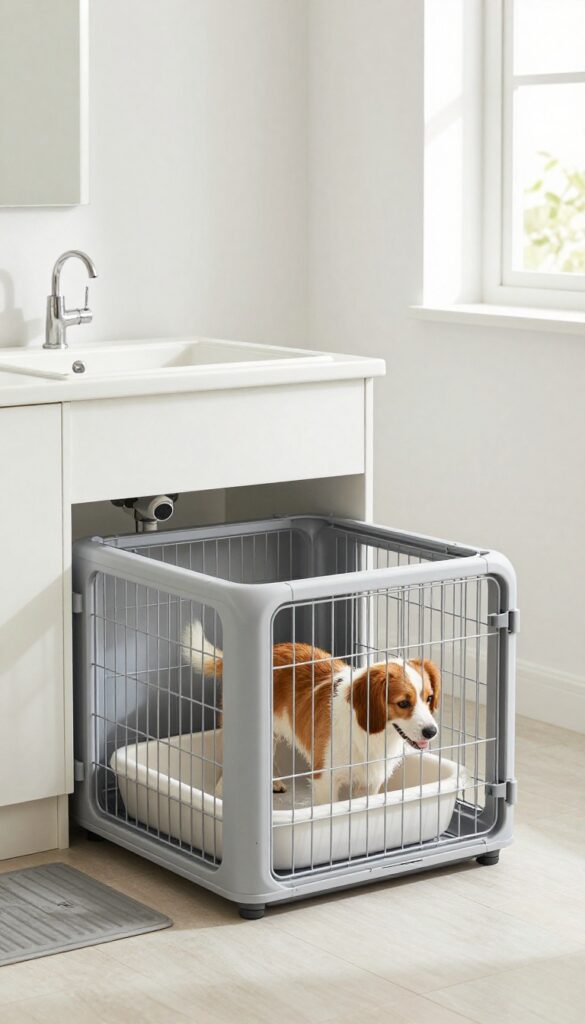 Dog standing in a built-in wash station next to a dog crate in a laundry room