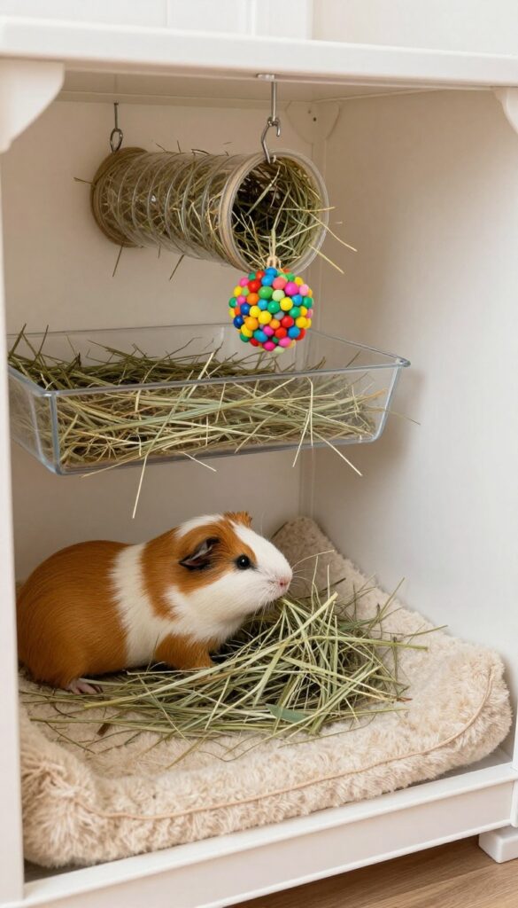 Corner guinea pig cage with hanging hay rack and toys, vertical space used, bright natural light