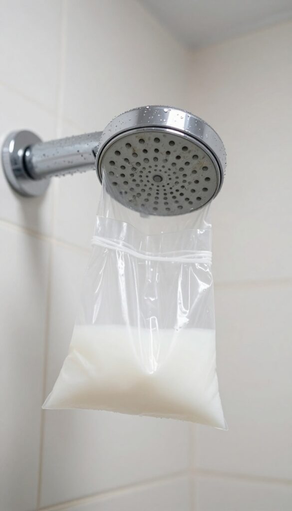 Close-up of a showerhead submerged in a vinegar-filled plastic bag, secured with a rubber band, in a bright bathroom with tiled walls.