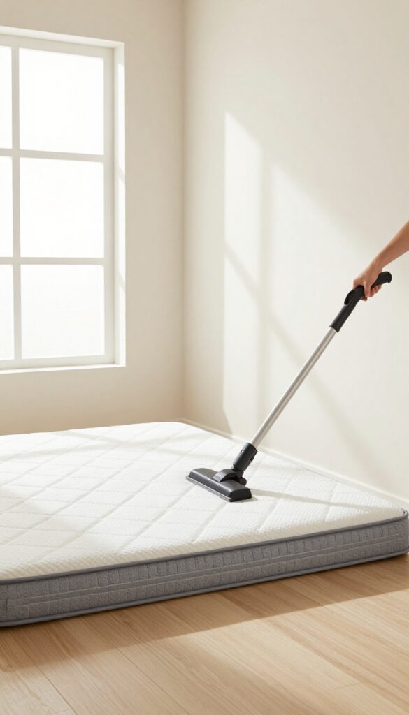 Person vacuuming the underside of a flipped mattress in a bright bedroom