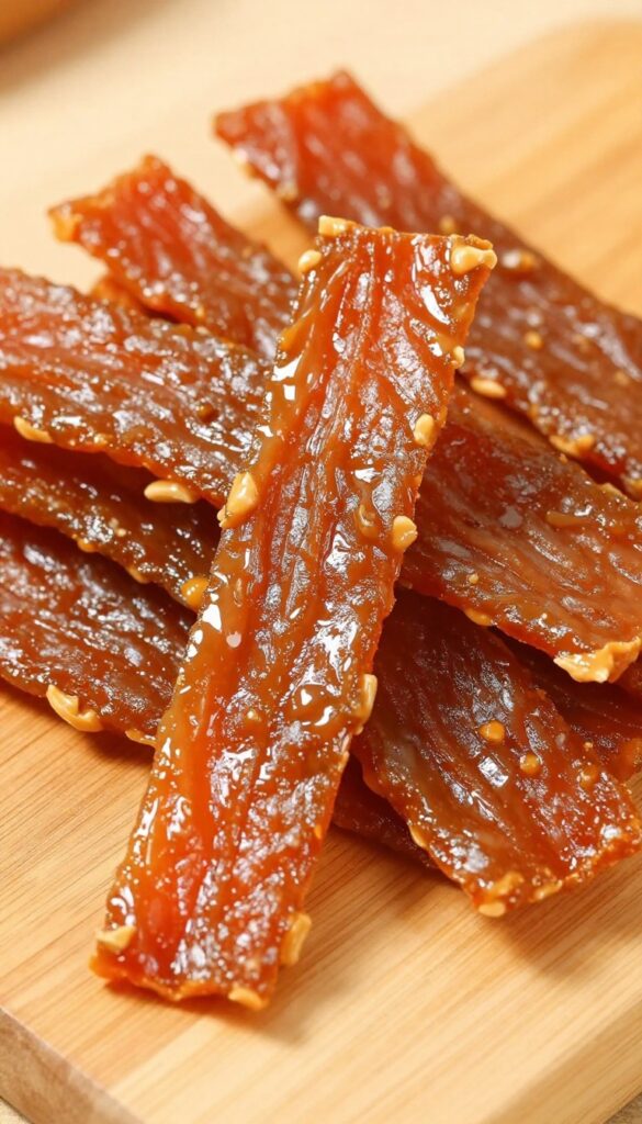 Homemade peanut butter chicken jerky dog treats arranged on a wooden board.