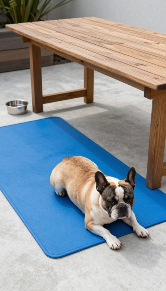 Dog lying on a cooling mat on a shaded patio