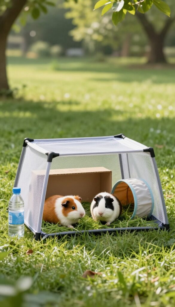 Guinea pigs in a portable pop-up playpen on grass with hideout and shade