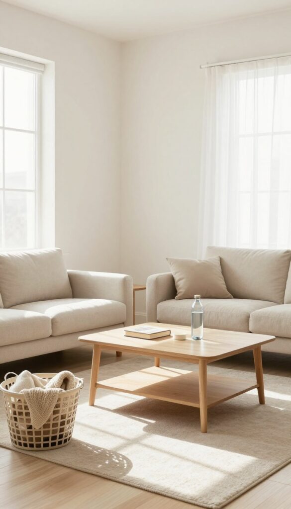 Decluttering a living room with a laundry basket, clean and organized space