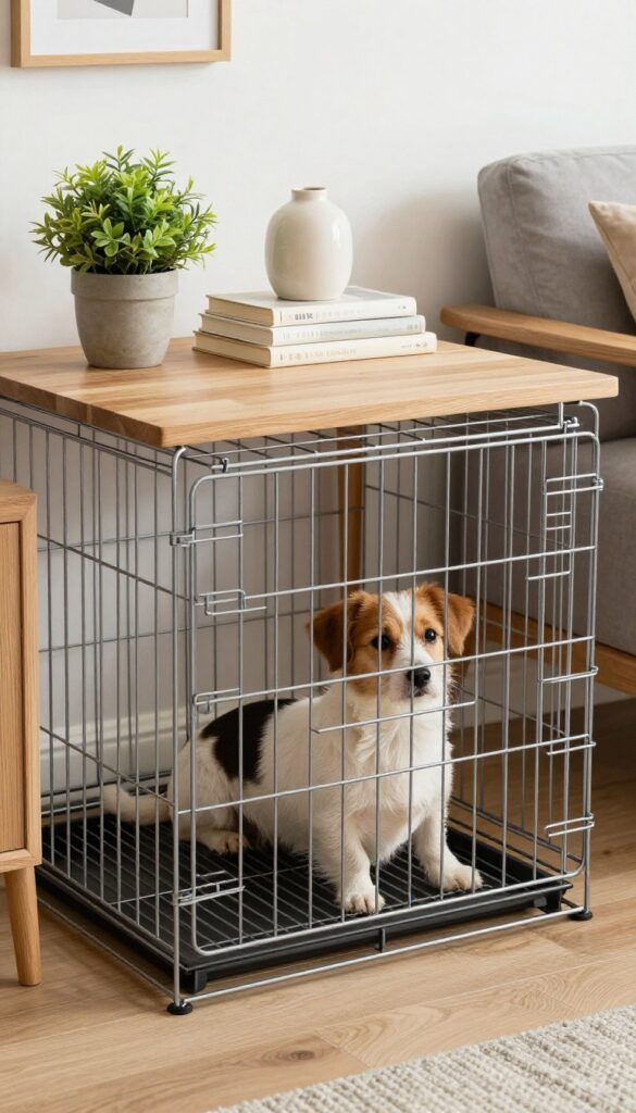 Dog crate converted into a side table with a plant, books, and lamp on top, blending with living room decor.