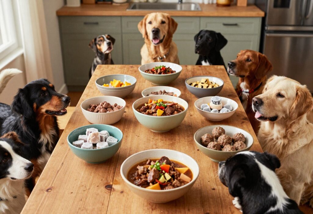 Multiple bowls of homemade dog food on a table with dogs gathered around, ready to eat.