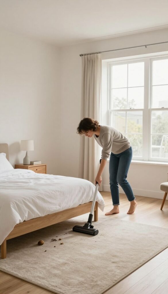 Person vacuuming under a bed that has been moved away from the wall in a bright, clean bedroom