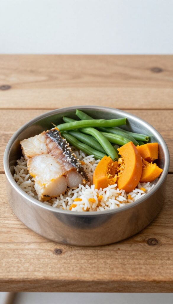 Homemade dog food bowl with pollock, green beans, pumpkin, and rice on a wooden table