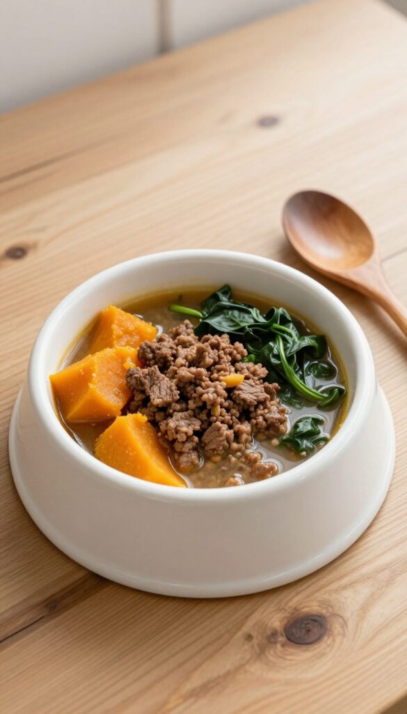 Homemade beef and pumpkin stew for dogs in a white ceramic bowl on a wooden table, with a wooden spoon beside it.