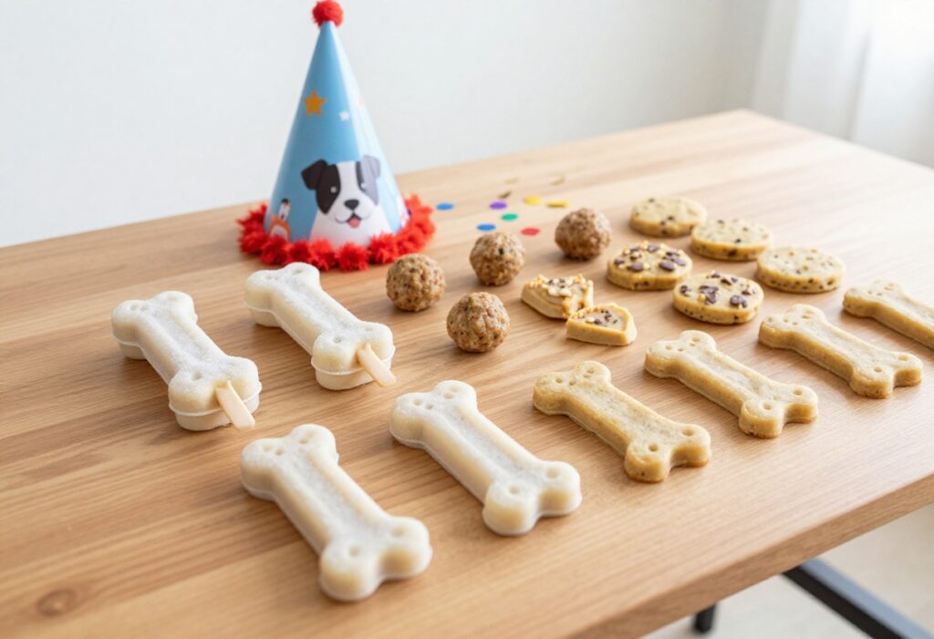 Homemade dog treats made from ground meat arranged on a party plate with festive decorations.