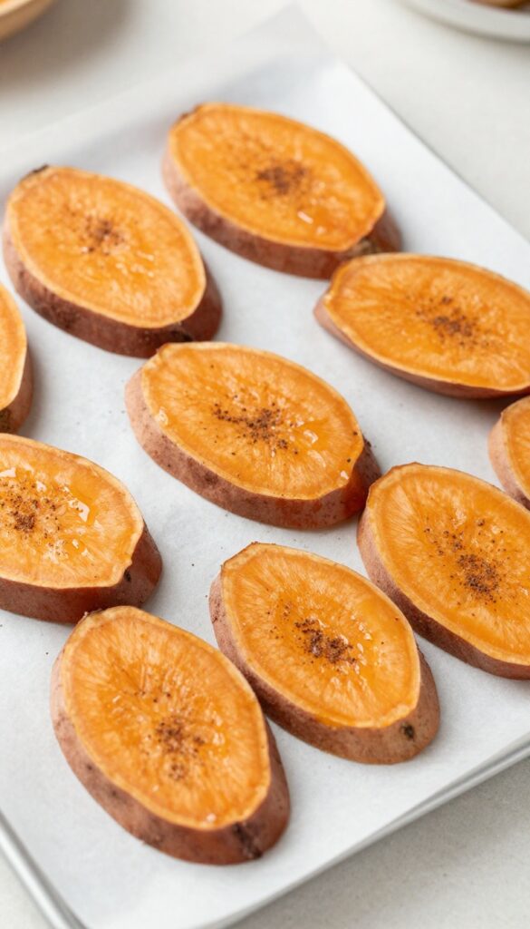 Homemade sweet potato and cinnamon dog chews arranged on a baking sheet, ready for dehydration.