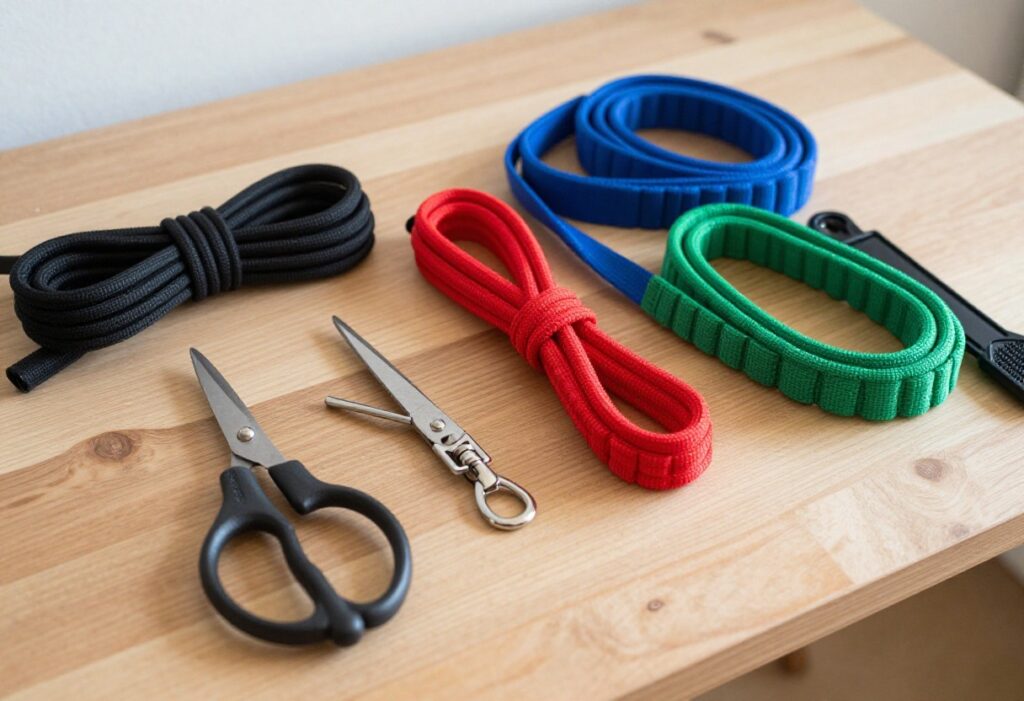 Paracord leash making supplies and partially braided leash on wooden surface