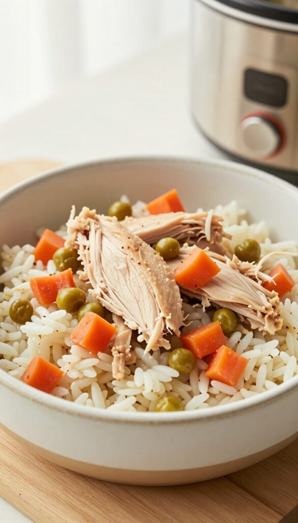 Homemade chicken and rice dog food in a ceramic bowl, prepared in a crockpot, on a wooden surface with natural light.