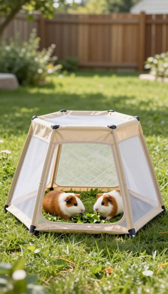 Portable mesh playpen with shade cover set on grass with two guinea pigs inside, bright outdoor light.