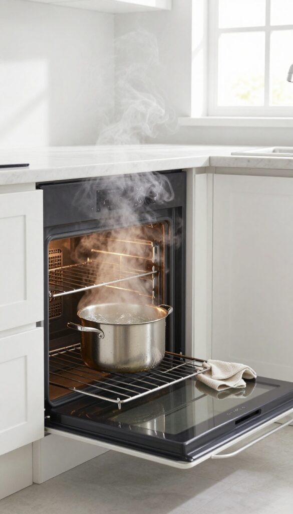 Steam rising from a pot of water inside an oven to clean oven racks
