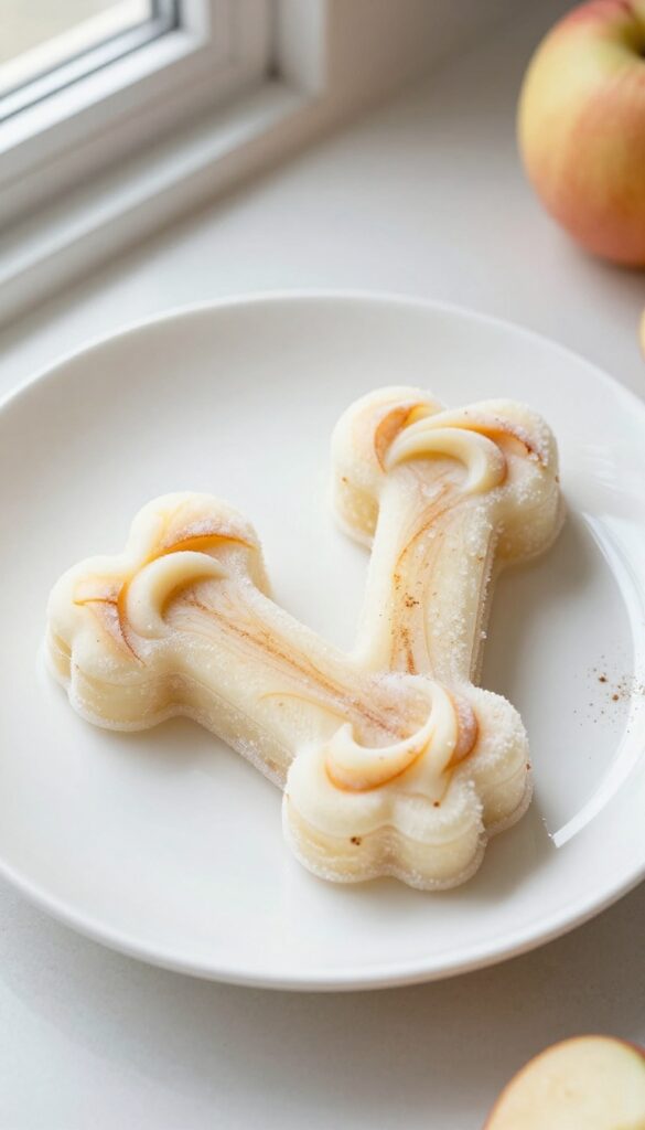 Homemade frozen dog treat swirls made with kefir, apple, and cinnamon, shaped in bone-shaped silicone molds on a white plate.