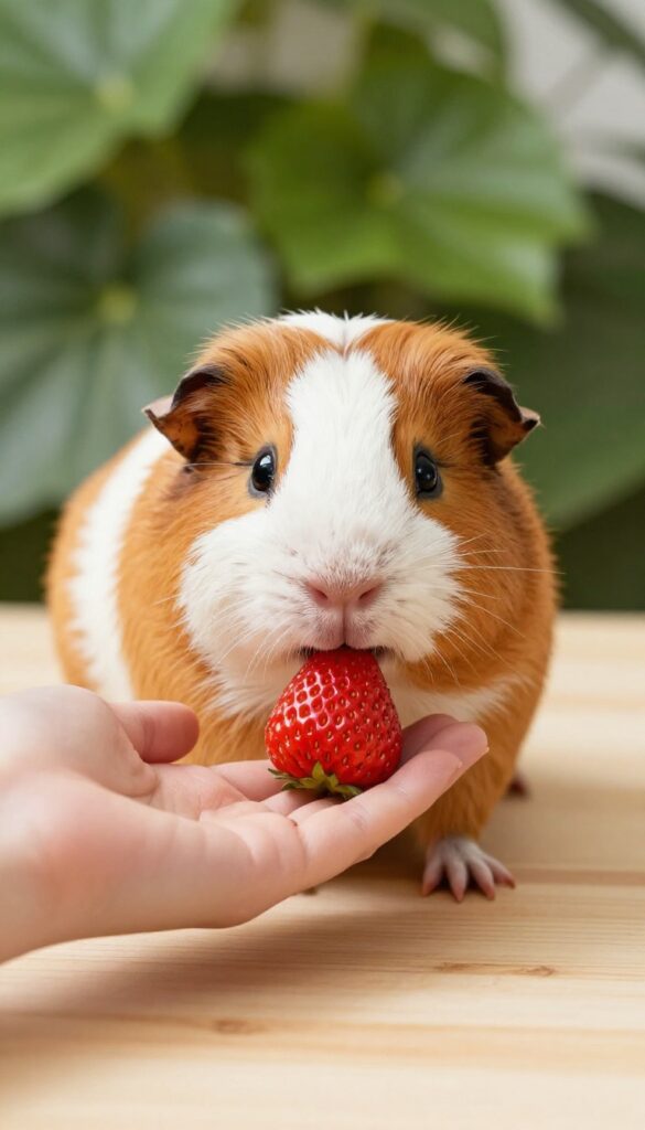 Guinea pig eating a fresh strawberry from a hand