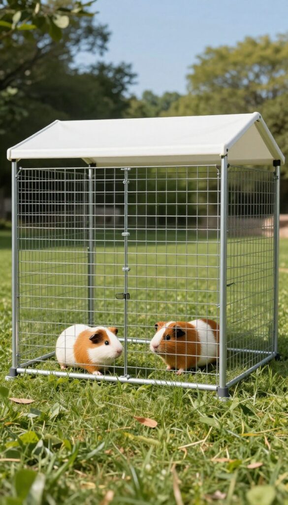 Outdoor guinea pig enclosure using a metal dog exercise pen with a canopy top for shade, set on grass with guinea pigs inside.