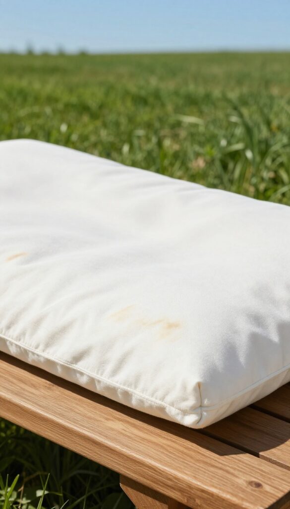 Cushion on patio table in sunlight for natural bleaching and deodorizing