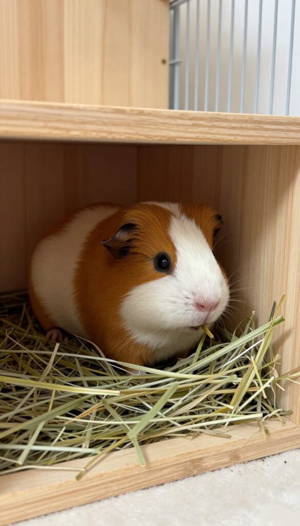 Under-bed hideout with hay pile for guinea pig habitat