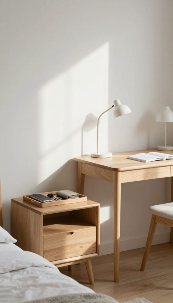 Clean surfaces on a nightstand and desk in a bright, organized bedroom