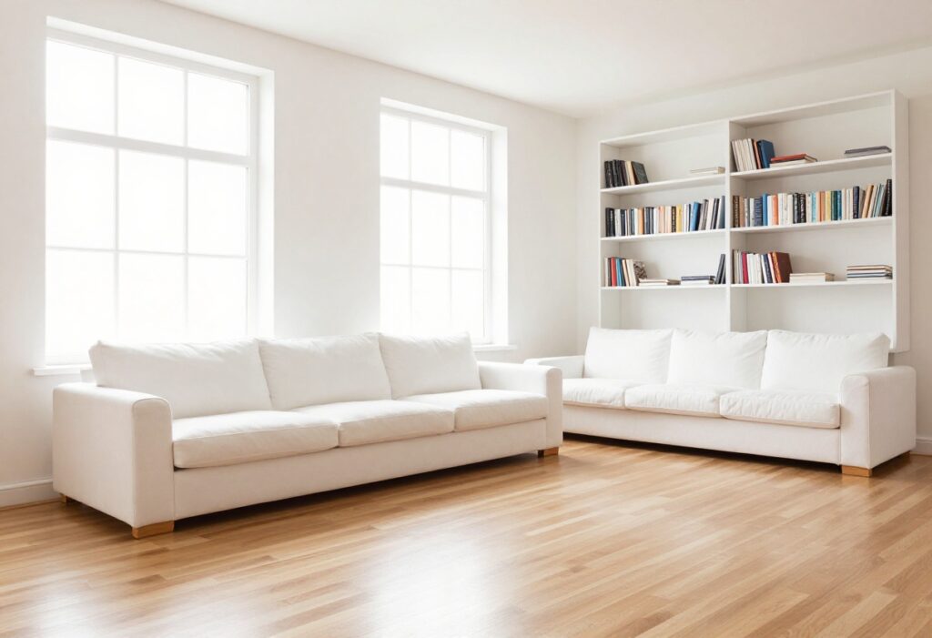 Clean and organized living room with sunlight, hardwood floors, and tidy shelves