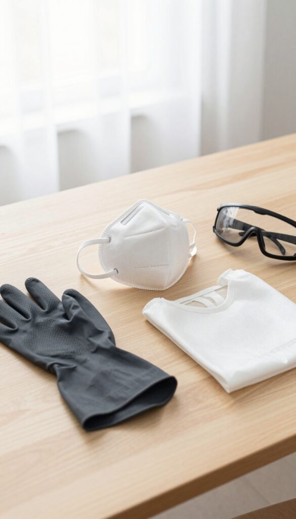 Safety gear for mold cleaning including N95 mask, gloves, goggles, and coveralls arranged on a table