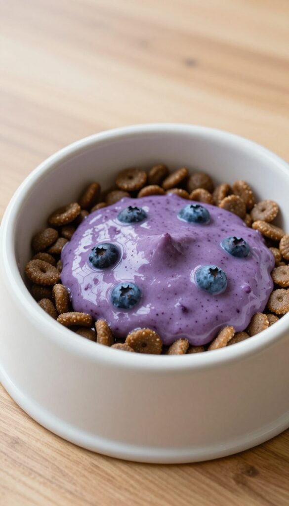Dog bowl with kibble and a creamy blueberry coconut sauce swirl.