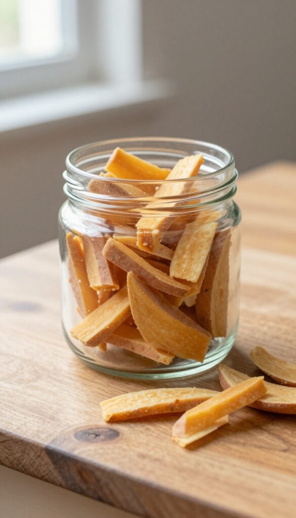 Homemade sweet potato chews for dogs in a treat jar