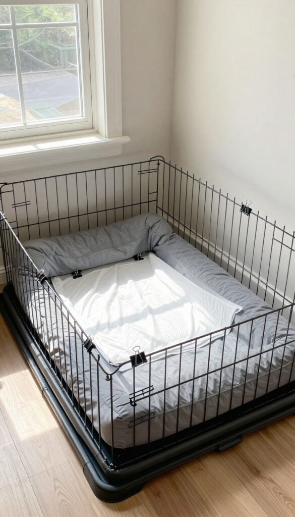 Wire exercise pen converted into a large dog crate with a bed inside, secured with zip ties and a sheet draped over top.