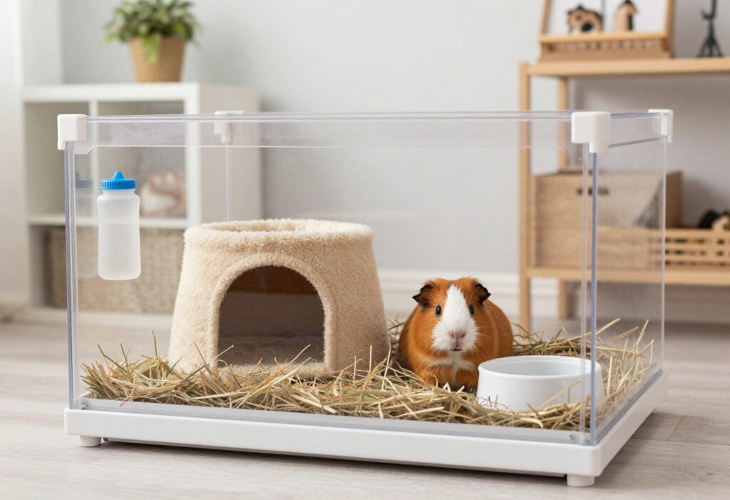 A well-designed guinea pig cage with fleece liner, external hay rack, and accessories for easy cleaning.
