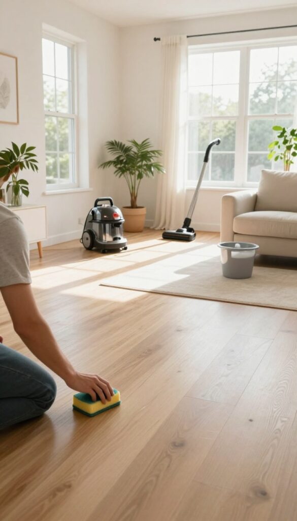 Person deep cleaning a living room, scrubbing baseboards with furniture moved aside, bright natural light.