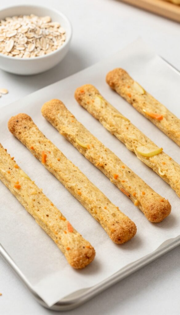 Homemade soft-baked apple and carrot dog treat sticks on a baking sheet, showing chewy texture and visible grated ingredients.
