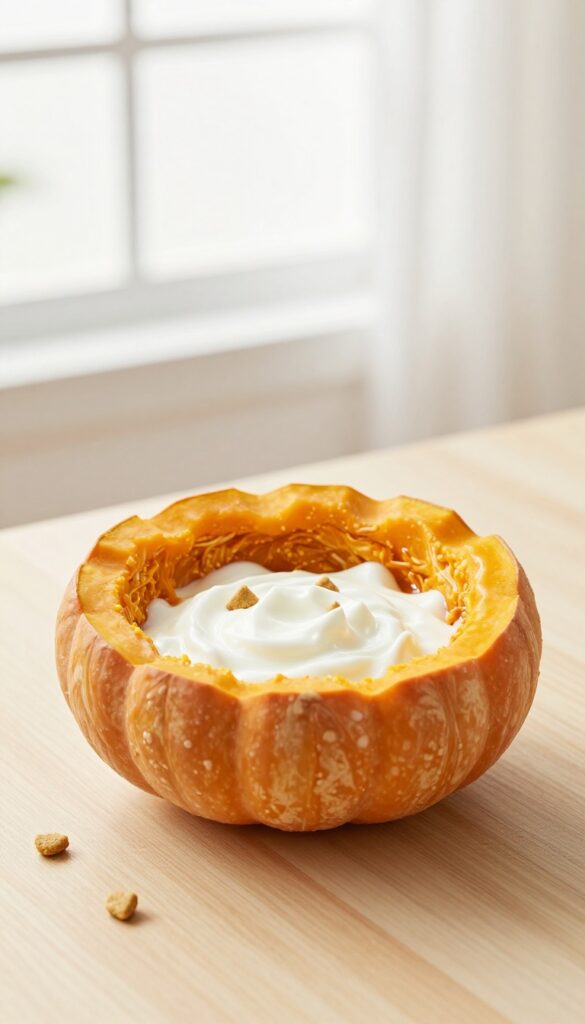 Close-up of a dog puzzle feeder filled with a frozen pumpkin and yogurt swirl treat, with kibble pieces visible, on a wooden surface.
