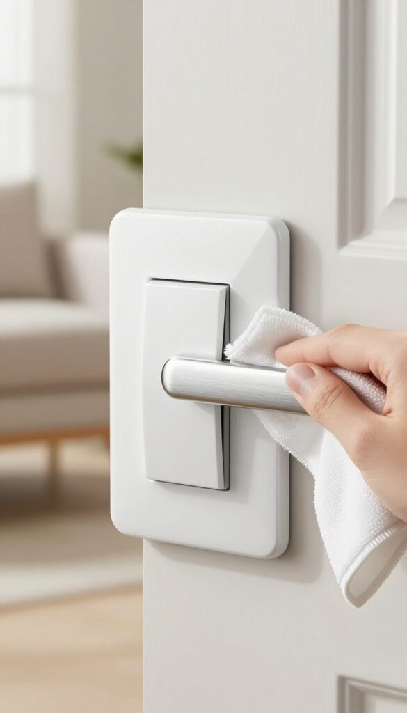 Cleaning light switch and door handle with microfiber cloth in bright living room