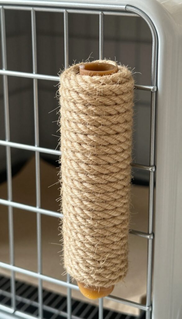 Rope-wrapped wire crate handle close-up