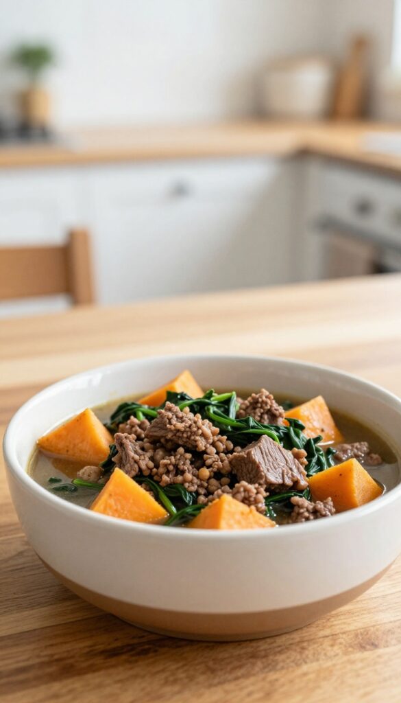 Homemade beef and sweet potato stew for dogs in a ceramic bowl on a wooden table, natural lighting, photorealistic.