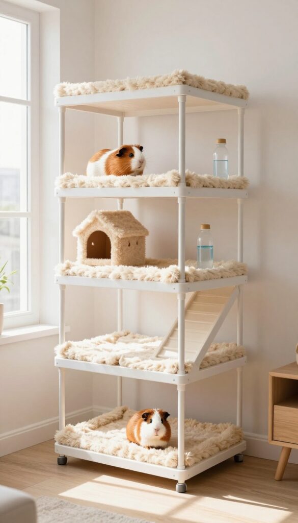 Multi-level loft cage for guinea pigs in a small apartment, with ramps and platforms, natural light, clean and cozy setup