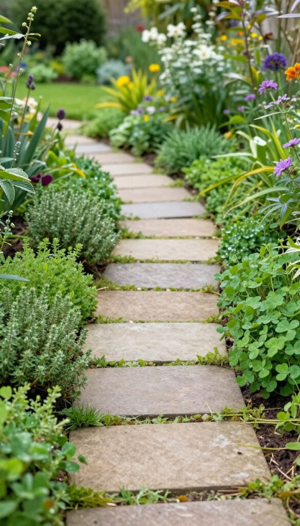 A dog-friendly garden path made of flat flagstones with creeping thyme between gaps, bordered by flower beds, in bright natural light.