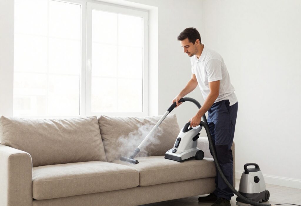 Professional sofa cleaning service using steam cleaner on a beige couch in a bright living room