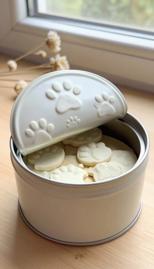 Matte cream metal tin with embossed paw prints, slightly open showing dog treats, on a wooden surface with dried flowers.